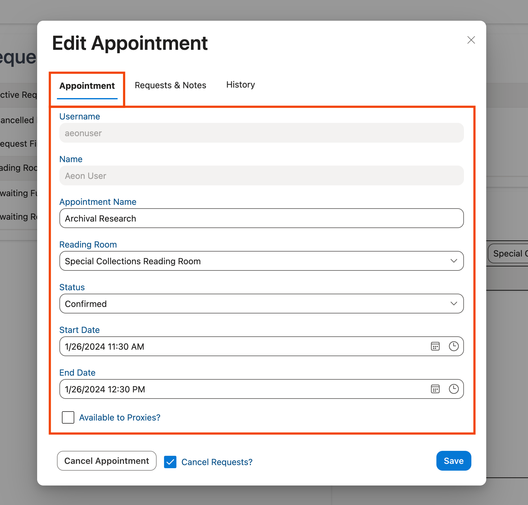 Appointment form with Appointment tab displayed